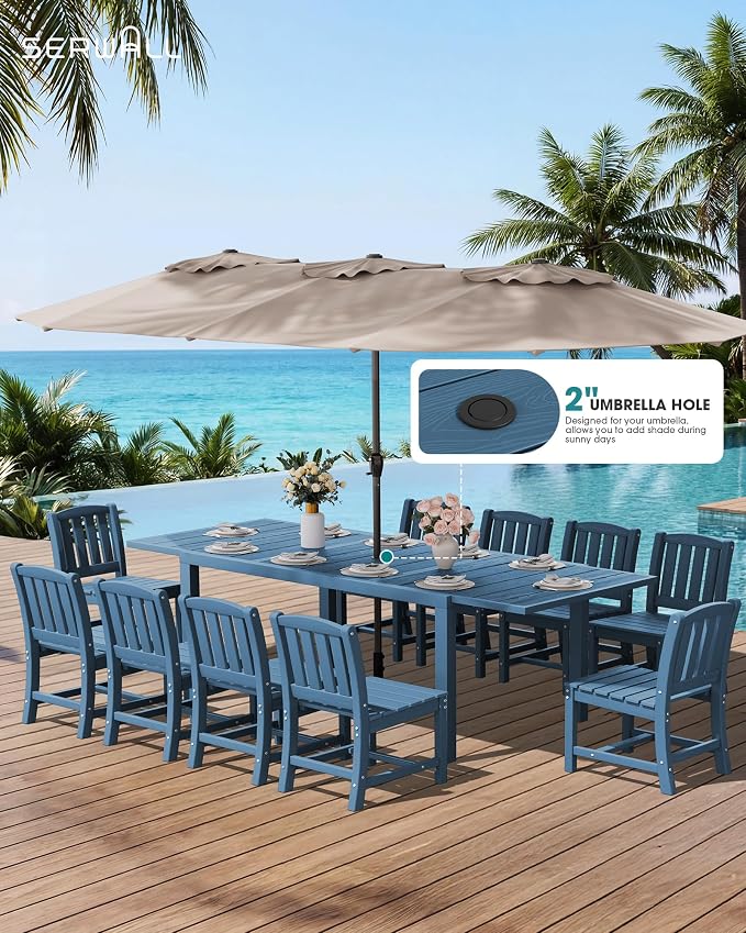 SERWALL 10-Piece Patio Dining Sets with 15FT Patio Umbrella, Blue | 60" - 83" Expandable Outdoor Dining Table and 8 HDPE Chairs, All Weather HDPE Outdoor Furniture Set