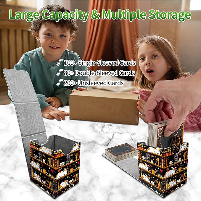 Deck Box for MTG, Cards Storage Box Fits 120+ Sleeved, Leather Medium Size Strong Magnetic Closing Card Case for Board Games Magic TCG CCG Baseball Collection, Black Book Cat