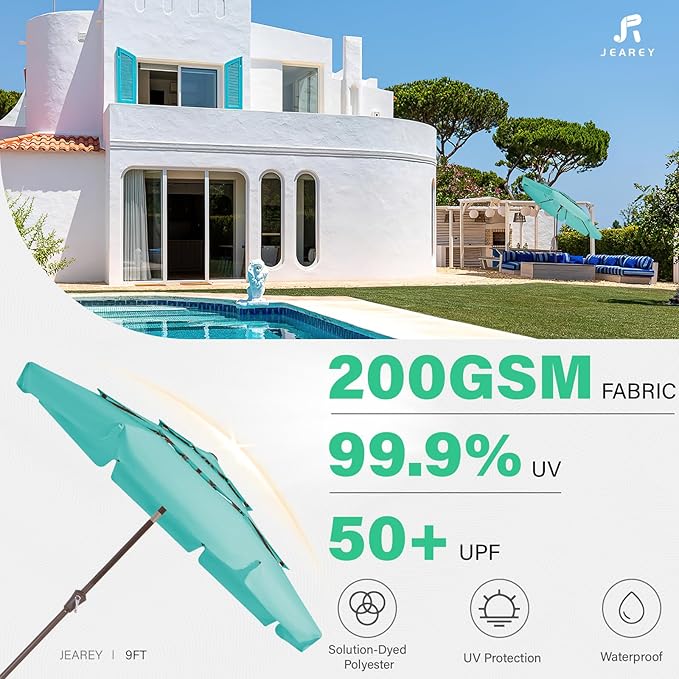 JEAREY 3 Tiers 9 FT Patio Umbrellas Outdoor Table Umbrella with Push Button Market Umbrella 8 Sturdy Ribs UV Protection Waterproof for Garden,Peacock Blue