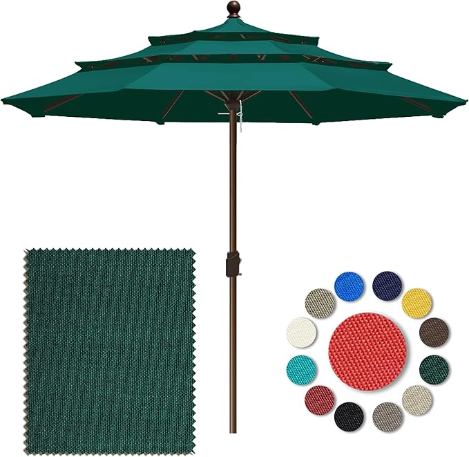 Eurmax USA 10-Year-Non-Fading 10FT 3-Tier Outdoor Patio Market Umbrella,UPF50+ UV Resistant,Heavy Duty Commercial Grade,Crank Lift Design,Windproof Vented Top for Garden,Pool,Deck,Forest Green
