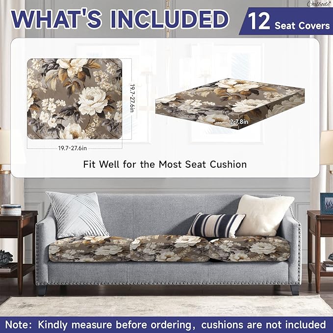 CALBODE 12 Pcs Stretch Outdoor Seat Cushion Covers, Washable Chair Seat Cover for Patio Furniture Cushions Soft Indoor and Outdoor Couch Cover Replacement (Brown Blooms, Cover Only)