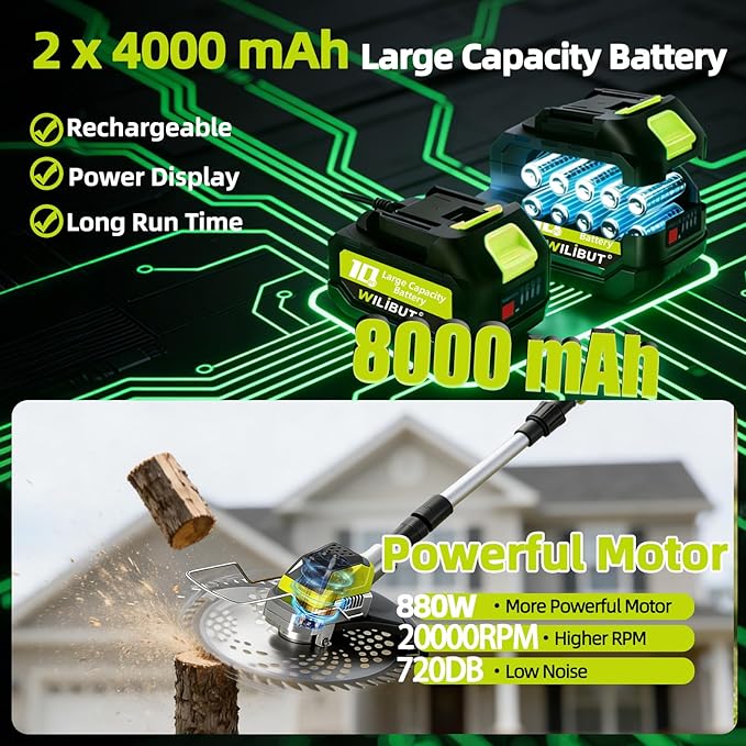 3-in-1 Cordless Weed Wacker with Wheels, 12-Inch Weed Eater Battery Powered Brush Cutter, 2x4.0Ah Batteries, LCD Display, Grass Trimmer Stringless Weed Trimmer Lawn Mower Edger