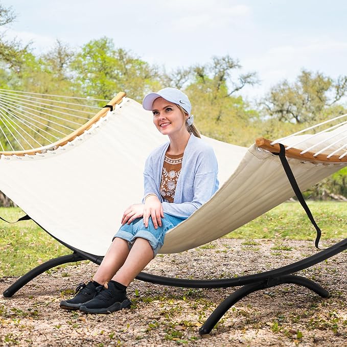 SUNCREAT Hammocks for Outside with Stand, Porch Hammock and Stand, 475 lbs Capacity, Patent Pending, Beige