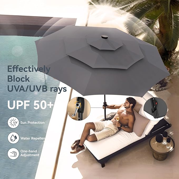 PHI VILLA 10ft Patio Umbrella with Light, Outdoor Large Auto-Tilt 3 Tier Market Table Umbrellas with 8 Sturdy Ribs and 1.5" Pole for Lawn Poolside Garden Terrace,Grey