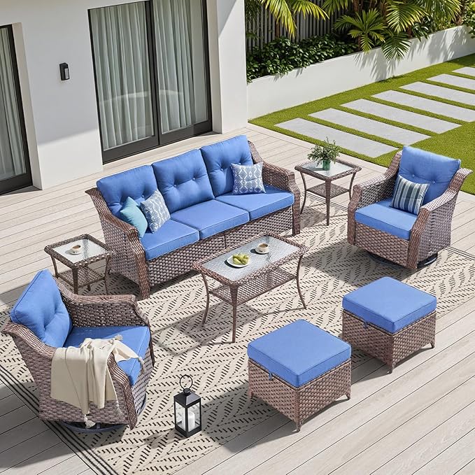 Outdoor Swivel Rocking Chair Set (8-Piece), Rocking Chair with Sofa and Coffee Table Set, Crafted from PE Rattan with an Elegant Side Table, Ideal for Gardens and Patios, Brown/Blue
