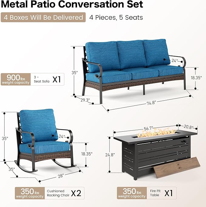 4 Piece Black Metal Outdoor Patio Furniture Sets with Firepit Table, Patio Conversation Sets 1 3-Seater Sofa 2 Rocking Sofa with 5.75" Thick Cushion Backyard Furniture for Deck, Blue-2