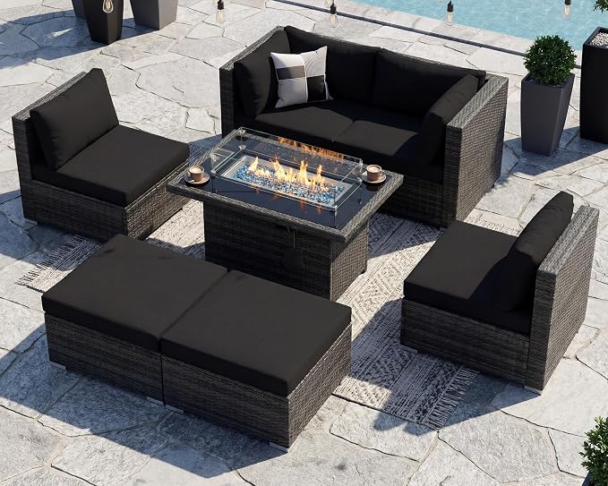 RADIATA 7Pcs Outdoor Patio Furniture Set with Fire Pit, Modern Comfortable Outside Sectional Couch High Back Oversized Wide Deep 6-Seats, Modular All-Weather Heavy Duty Wicker Sofa Set, Grey&Black