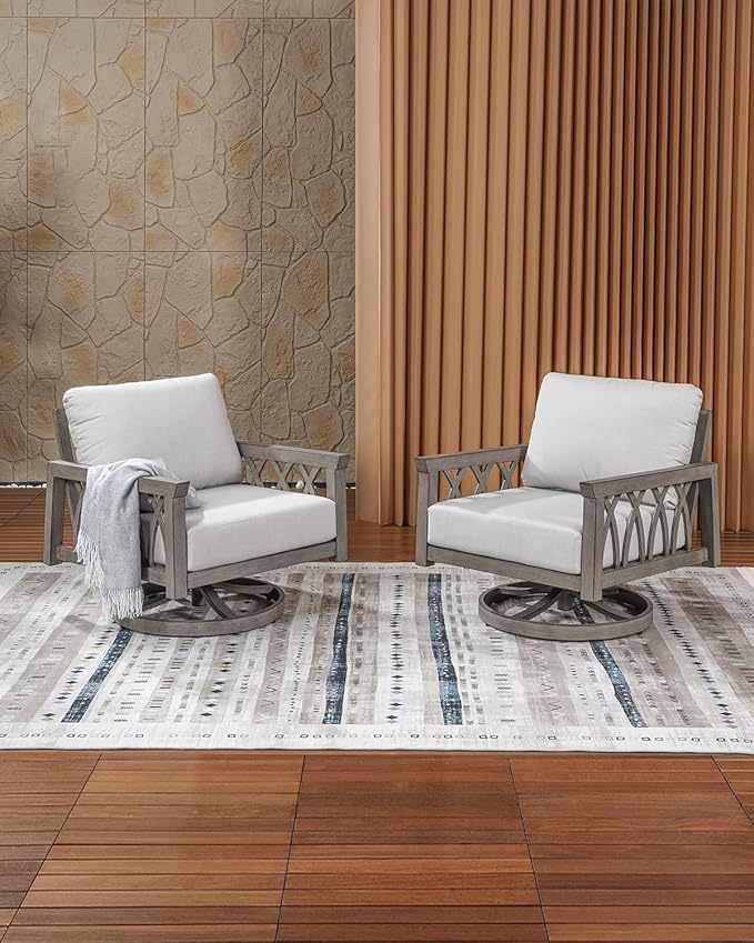 Outdoor Swivel Armchairs Set of 2, Aluminum Patio Sofa Chairs with Cushions, 360° Rotating Aluminum Club Chairs, Weather-Resistant Patio Furniture Set for Deck Garden Poolside, Limed Oak
