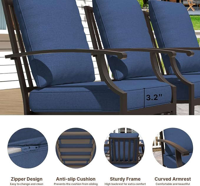 Gotland 7 Piece Outdoor Dining Set, Metal Outdoor Table and Chairs with X-Shaped Legs 1.5" Umbrella Hole, Patio Furniture Set with Waterproof Cushions, Patio Dining Sets for Backyard Deck Navy