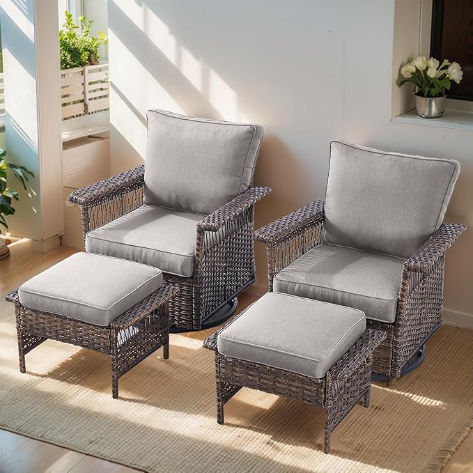 Patio Furniture Set 2 Wicker Swivel Glider Chairs with 2 PE Rattan Ottomans Brown Wicker Grey Cushions Patio Conversation Set 4pcs for Garden Balcony Sunroom Backyard