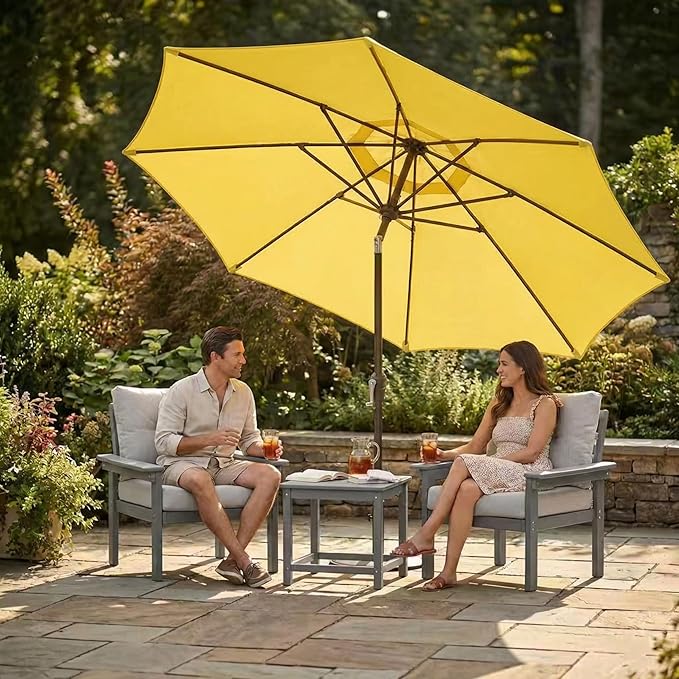 Kingdura 9FT Outdoor Patio Umbrella, Market Table Umbrella with Push Button Tilt and Crank, 8 Sturdy Fiberglass Ribs, UV Protection for Pool, Lawn, Deck, Backyard, Garden (Yellow)