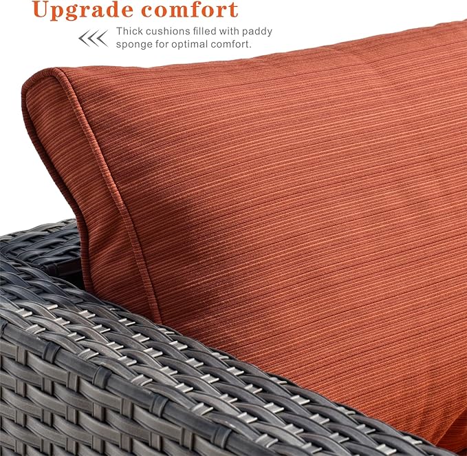 HOOOWOOO Patio Outdoor Sectional Furniture Sofa Set,7 Piece U Shaped Corner Wicker Rattan Couch Set,Rustic 6 Persons Summer Patio Conversation Set for Outside Porch Deck Garden(Orange Red)