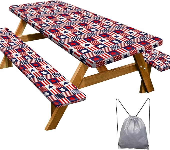 Picnic Table Cover with Bench Covers Camping Essentials Waterproof Windproof Camping Tablecloth with Drawstring Bag, Fitted Rectangle Tables and Seats, 60in, Red Blue Checkered