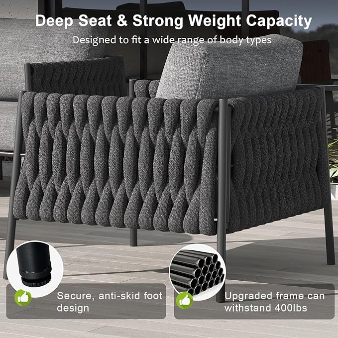 LayinSun 4 Piece Outdoor Furniture Set with Coffee Table, Modern Rope Woven Patio Conversation Sofa Set with Olefin Braid and Deep Seating