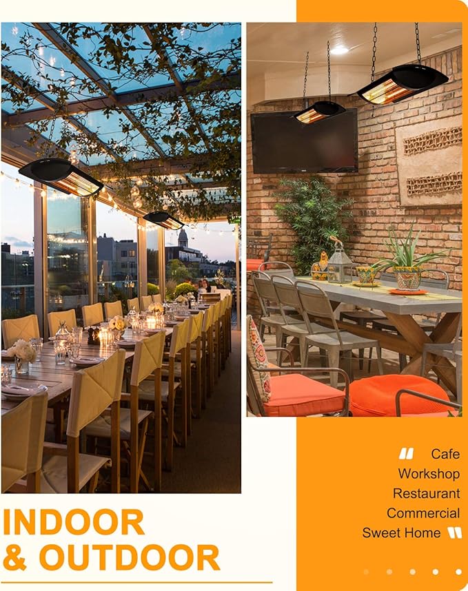 Star Patio Electric Patio Heater, Outdoor Heater, 750W/1500W Ceiling Infrared Heater with Rectangular Shape, Black, Silent Heating Hanging Patio Heater, IP44 Waterproof, STP2066-CN2025