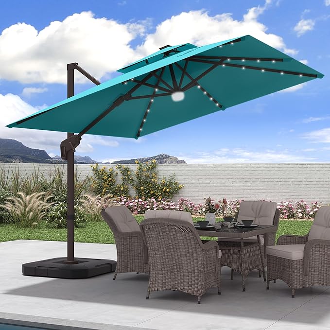 JZAC & QZYD 9x9 FT Outdoor Cantilever Patio Umbrella with Solar LED Lights, Large Heavy Duty 2-Tier Canopy Square Aluminum Offset Umbrellas with 360-Degree Rotation for Pool Deck Backyard, Turquoise