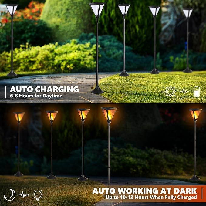 iBaycon 2 Pack 54" Solar Flame Post Lights, Flickering Flame Solar Lamp Post Lights Outdoor Waterproof for Yard Lawn Patio Decor