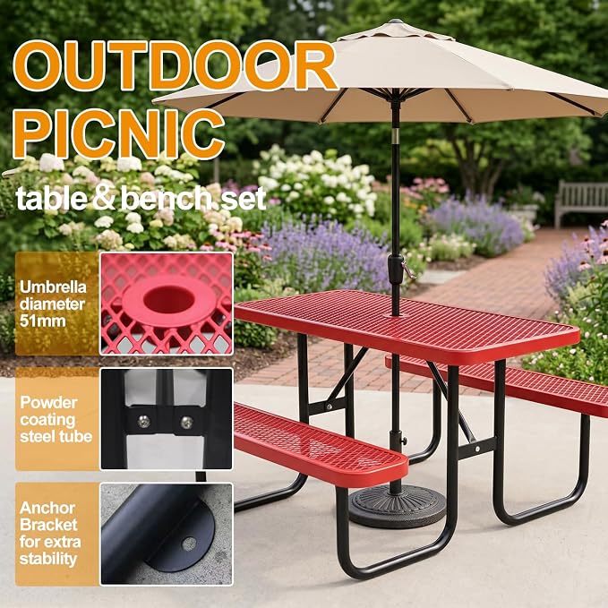 4ft Rectangular Picnic Table – Heavy-Duty Metal Mesh Outdoor Dining Table, Thermoplastic Coated Steel, Outdoor Living, Parks & Schools (red)