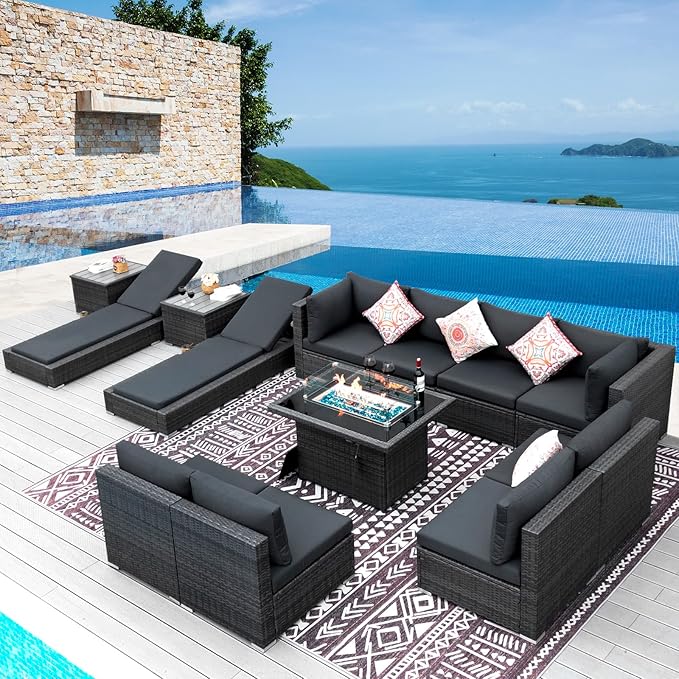 NICESOUL 13 Piece Outdoor Sectional w/Fire Pit Table, Luxury Modular Patio Furniture Set w/Chaise Lounge, Plus 29.3'' High-Back Seating Sofa, All-Weather Deck Couch for Poolside, Yard, Dark Grey