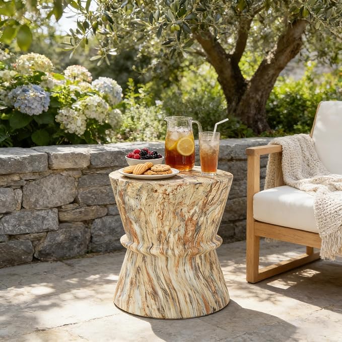 Modern Outdoor Side Table Round Concrete Side Tables with Faux Stone Finish,MGO Hourglass Patio End Table for Living Room Garden Balcony,Fully Assembled,Amber Brown