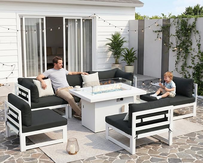 BULEXYARD 7 Piece L-Shaped Contemporary Aluminum Outdoor Furniture Set with Firepit, 29" Deep Wide Large Couch Set, 500 lbs High Weight Capacity Modular Patio Sectional Sofa for Garden Lawn, Dark Grey