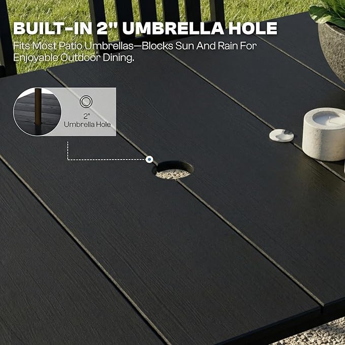 7-Piece Outdoor Dining Set for 6, 75.2" HDPE Patio Table with Umbrella Hole & 6 Chairs, Weather-Resistant Wood-Look Patio Furniture for Garden, Lawn, Deck, or Poolside (Black)
