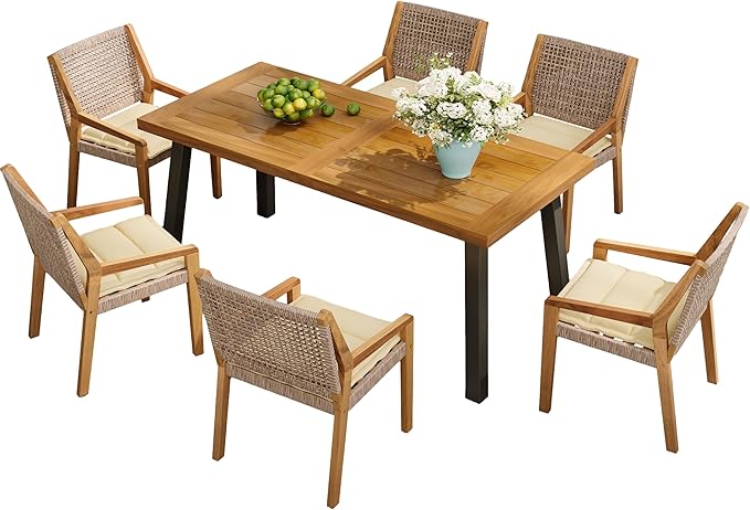 Christopher Knight Home Palin Wooden Patio Dining Set for 6, Acacia Wood Outdoor Dining Table Set for 6, 7 Piece Outdoor Dining Set with Rectangular Table and Armchair with Seat Cushion, Teak+Beige
