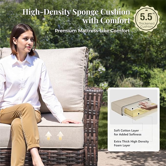 6-Piece Wicker Patio Furniture Set with Swivel Chairs, High Back Outdoor Furniture with 5.5-inch Thick Cushion and Ottoman, All-Weather Wicker Patio Conversation Set for Deck Yard Pool, Beige