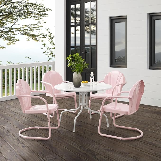 HomeStock Outdoor Metal Dining Set - 5 Piece Patio Table & Chairs - Pink & White