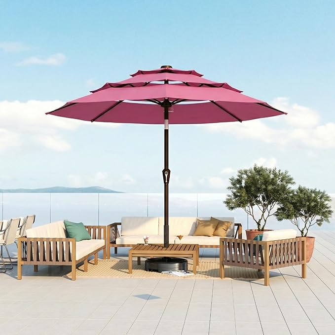 10FT Patio Umbrella 3 Tiers Outdoor Market Umbrella w/Push Button Tilt, Crank, UV and Waterproof Table Umbrella for Garden, Pool, Backyard, Deck, Lawn, Rose Pink