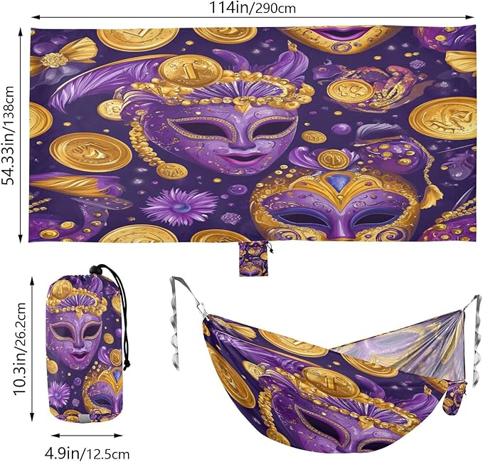 Mardi Gras Carnival Masks Coin Outdoor Hammock with Tree Straps Tree Hammock for Outside Beach Patio Garden