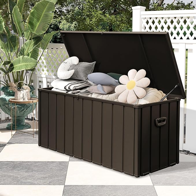 200Gallon Metal Deck Box, Outdoor Storage Box Waterproof, Large Patio Furniture Storage Cabinet, Lockable Storage Chest for Porch, Pillows, Cushions, Pool, Tools, Backyard -Brown