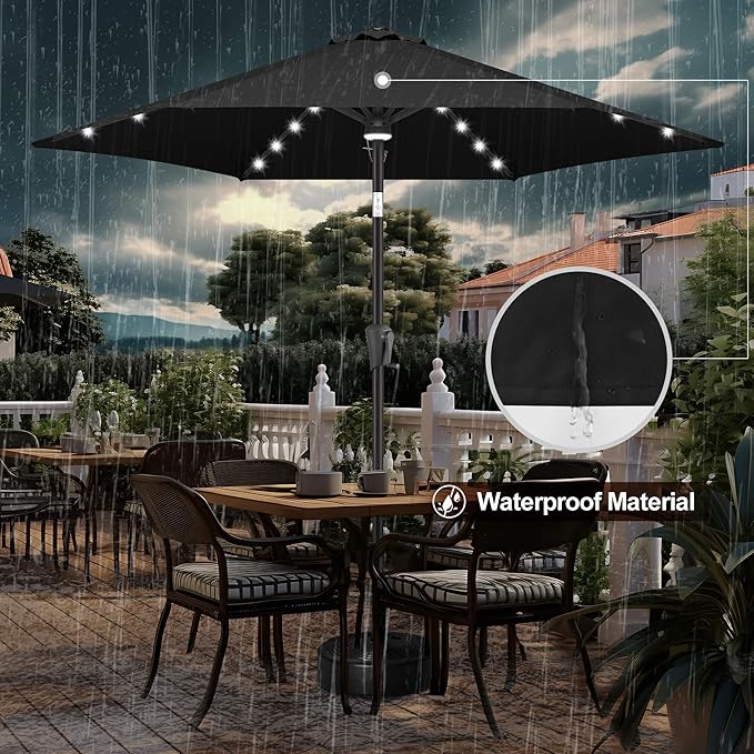 FLAME&SHADE 10ft Solar Outdoor Umbrella - 24 LED Lighted Patio Umbrella with Centre Surround Light, Table Umbrellas with Tilt & Crank for Pool, Porch, Garden, Deck, Backyard UV Protection (Black)