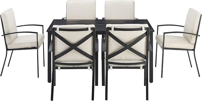 Crosley Furniture Kaplan 7-Piece Outdoor Dining Set for 6, Patio Table and Chairs for Backyard, Deck, Oiled Bronze with Oatmeal Cushions