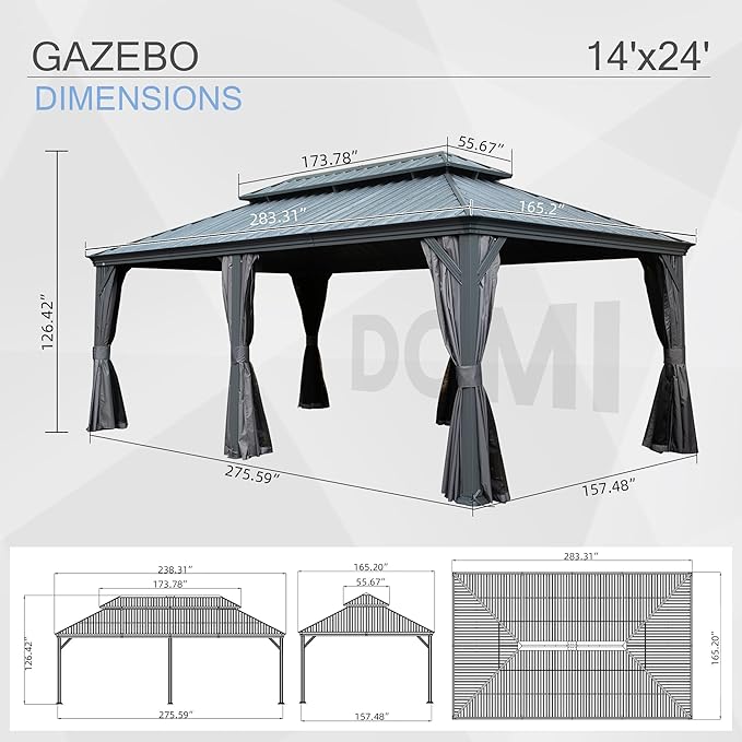 Domi 14' X 24' Hardtop Gazebo, Upgraded Metal Gazebo with Drainage System, Dual-Layer Galvanized Steel Roof, Curtain and Netting, Outdoor Shelter Canopy for Patio, Garden, and Backyard, Grey