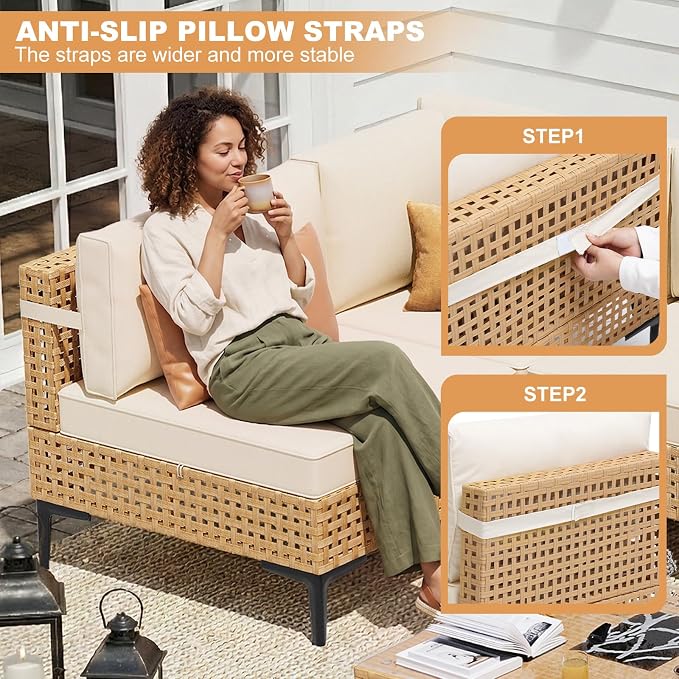 ABCASA Patio Sectional Furniture Set, 5-Piece Wicker Outdoor Patio Furniture Sets with Anti-Slip Cushions & Coffee Table,Boho Patio Conversation Set Sectional Sofa for Backyard,Porch,Garden,Beige