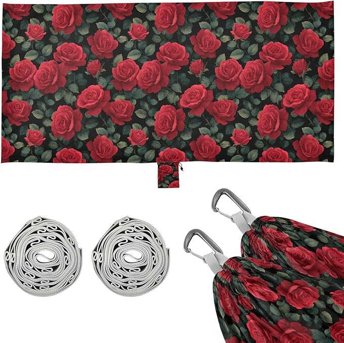Camping Hammock Outdoor Hammocks for Outside Red Rose Leaves Beach Trees Portable Lightweight with Pockets Tree Straps Indoor