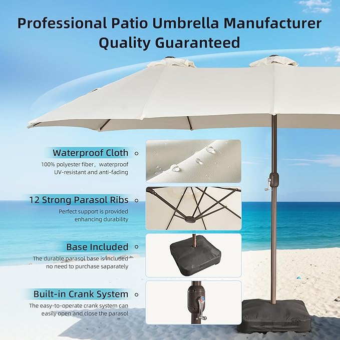 15Ft Patio Umbrella - Large Beach Umbrella W 12 Sturdy Ribs,UPF50 Outdoor Table Umbrella,Picnic Market Umbrella W Base Crank Handle for Pool,Yard,Garden