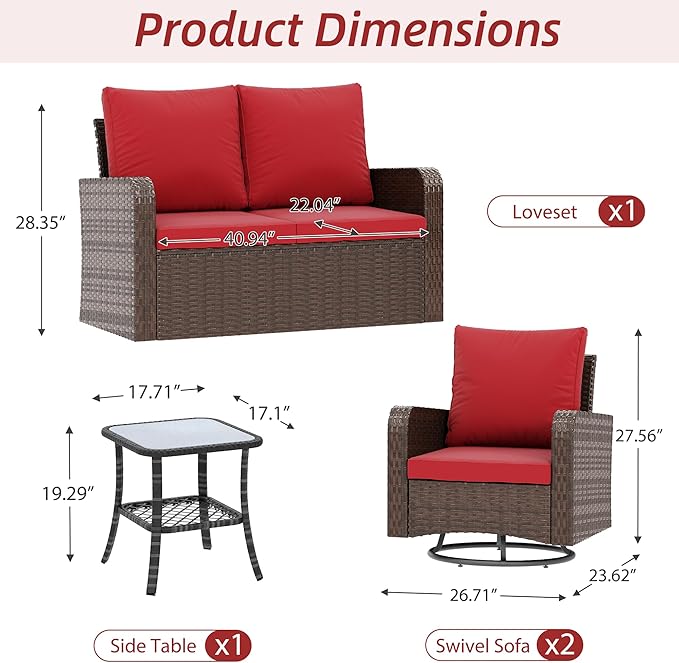HOMREST 4 Piece Wicker Patio Furniture Set, 360 Degree Outdoor Swivel Patio Chairs w/Coffee Table and Loveseat, Small Patio Furniture Set for Garden, Deck and Poolside (Wine Red)