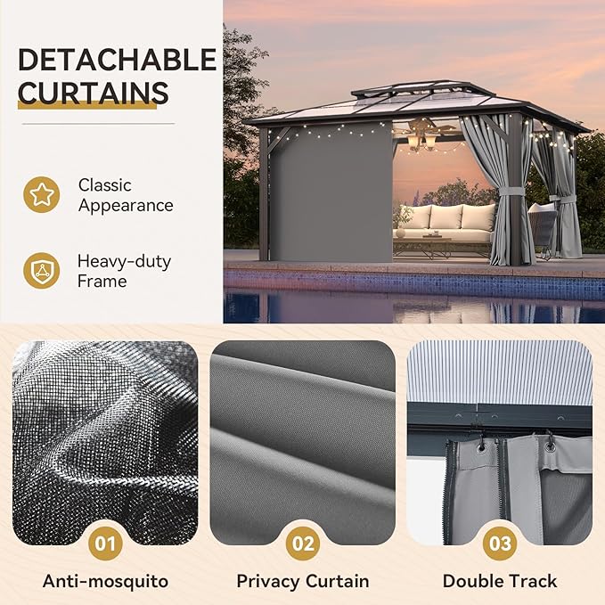 Aoxun 12'x14' Hardtop Gazebo, Outdoor Metal Gazebo with Double Polycarbonate Roof Canopy, Permanent Pavilion with Netting and Curtains for Lawn, Garden, Patio (Gray)
