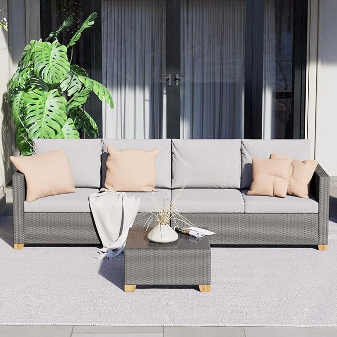 Grand patio Outdoor Conversation Sets with Glass Coffee Table, 4 Seats Wicker Patio Furniture Sets, Modular Sofa Sets with Olefin Cushions for Backyard Garden Poolside Patio, Light Gray