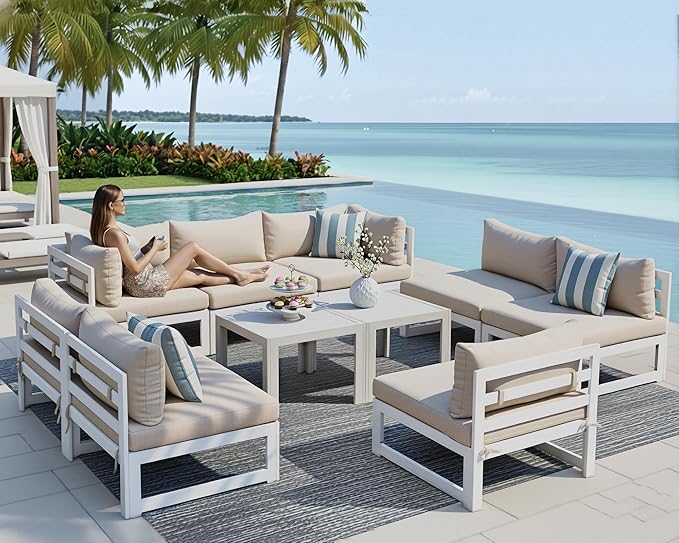 NICESOUL 10 Piece Extra Large Modern Aluminum Outdoor Sofa, 29" Deep Wide Seated, 500 lbs Durable L Shaped Sectional Set for Heavy People, No Rust Modular Patio Furniture Set for Backyard Deck, Beige