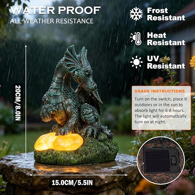 Dragon Statue Outdoor Decor, Porch Dragon Statue with Precious Stone Light - 7.8 inch Lawn Ornaments, Perfect Patio Decor & Yard Decorations Outdoor