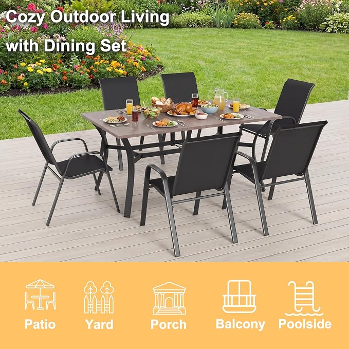 7-Piece Outdoor Dining Set - Rectangular Patio Table with Umbrella Hole and 6 Stackable Dining Chairs All-Weather for Garden, Deck, and Poolside (Natural, 63"L x 38"W x 28"H Rectangle Dining Table)