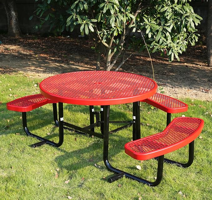 ADA Outdoor Picnic Table, Expanded Metal, Wheelchair Accessible (Red, 46 Round)