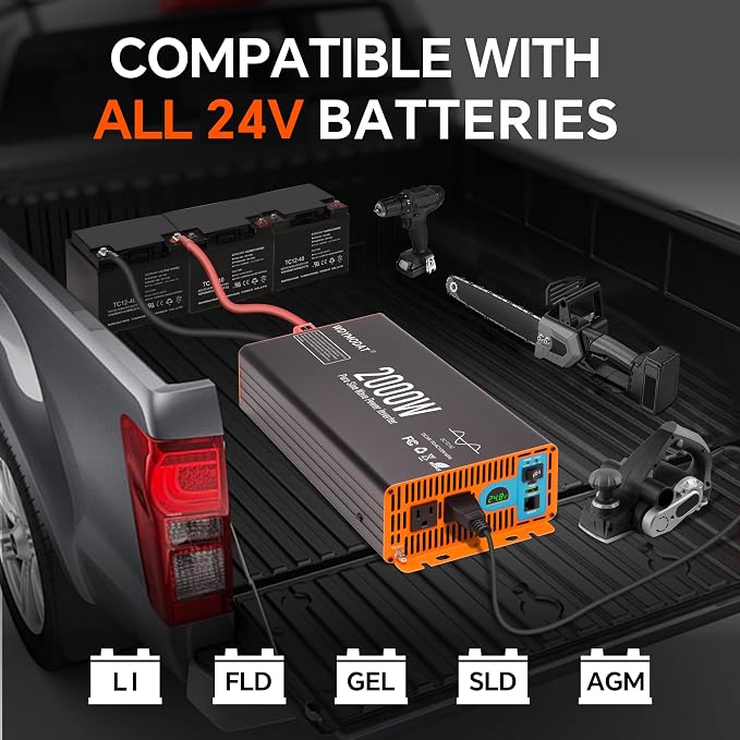 2000W Pure Sine Wave Inverter,24V DC to 120V AC Car Power Inverter 4000W Peak with 2AC Outlets, 3.0A USB and Type-C, LCD Display 16.5 ft Remote Control for RV Truck Travel Solar Emergency