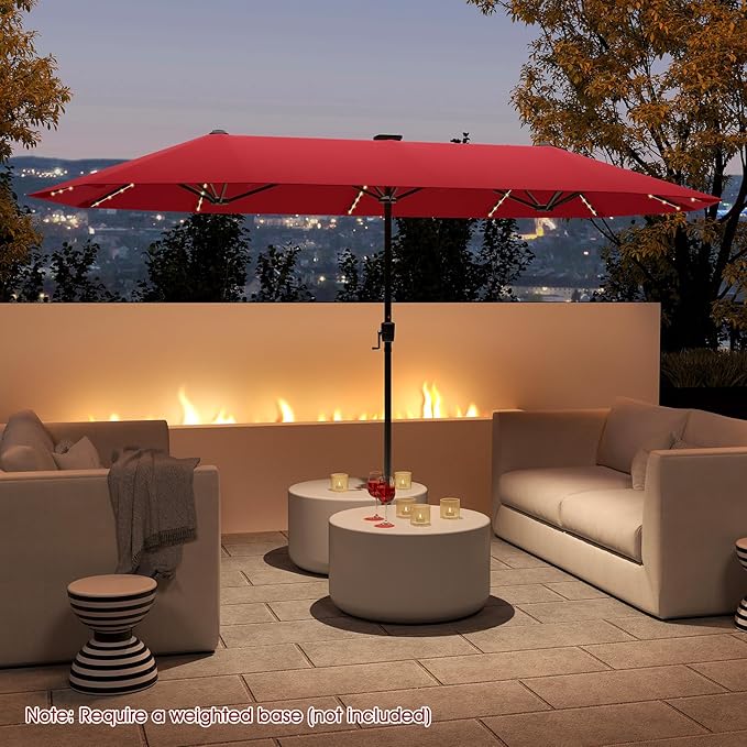 Tangkula 13 Ft Solar Patio Umbrella, Double-Sided Extra Large Outdoor Market Table Umbrella with 108 LED Lights, Crank Handle, 12 Sturdy Ribs for Poolside, Garden & Backyard (Burgundy)