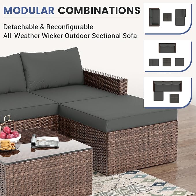 UDPATIO 5 Piece Patio Furniture Set, All-Weather Wicker Outdoor Sectional Sofa,Rattan L Shaped Outdoor Conversation Patio Sectional with Ottoman, Glass Table for Balcony Porch Backyard,Grey