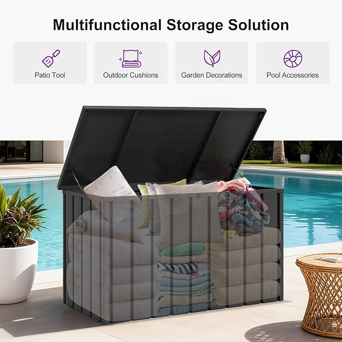 PURPLE LEAF Outdoor Deck Box 160 Gallon Waterproof Lockable Storage Box Container with Lid Deck Organization for Patio Cushions Side Table Pool Accessories Garden Tools, Gray