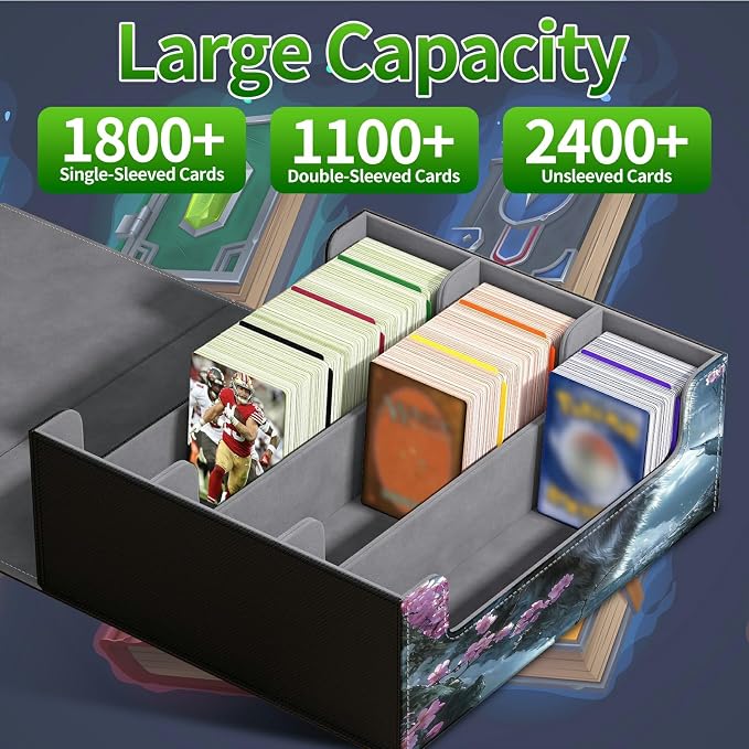 Large Card Deck Box for MTG, Fits 1200+ Sleeved Cards, PU Leather Storage Case with Strong Magnetic Closure, Multiple Colors for TCG CCG Baseball Card Collections, Cherry Blossom Gray Wolf